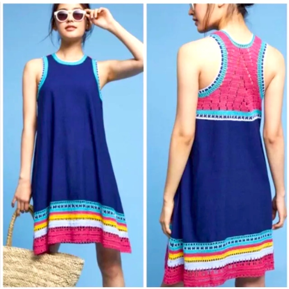 Navy Sleeveless Mini Dress with Pink Crochet Trim